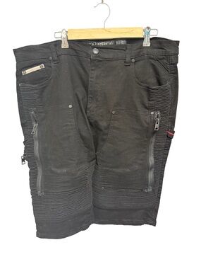 Heritage America Men's W42 Black Denim Moto Urban Biker Streetwear Cargo Shorts